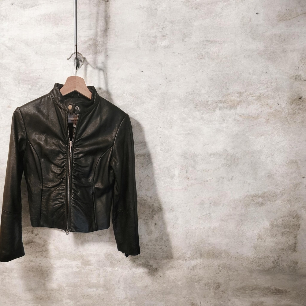 Wilsons Leather Black Cropped Zip Front Moto Jacket